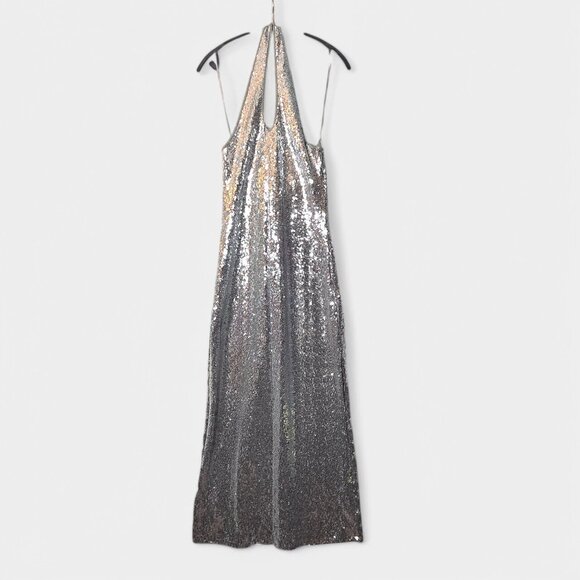 Mango Halterneck Sequin Midi Dress Silver Keyhole Cocktail Event Prom NWT - Picture 3 of 16